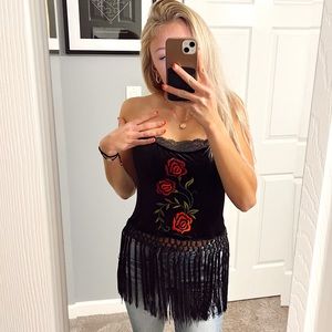Victorias Secret black velvet rose tassel corset top Vintage NWT